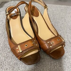 Cole Haan Brown Leather Peep-Toe Slingback Sandals with Gold Hardware